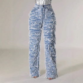 High-waisted Grinding Ripped Tassel Loose Jeans
