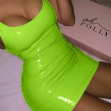 PU Leather Solid Color Suspender Dress
