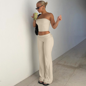 Solid Color Strapless Top Flared Trousers Fashionable Slim Fit Set