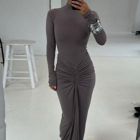 Slim Solid Color Pleated Dress