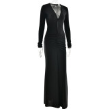Long Sleeves Deep V-neck Hip-covered Skirt