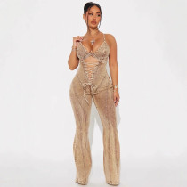 Hollow Strap Tying Denim Jumpsuit