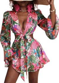 Floral Deep V Flared Sleeve Belt Dress Set