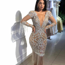 Deep V Long-sleeved Gold-sprayed Dress