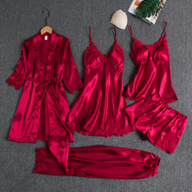 Ice Silk Sexy Long-sleeved Five-piece Bathrobe