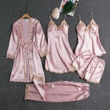 Silk Sexy Suspender Golden Flower Five-piece Pajamas