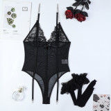 Chain Suspender Thin Lace Perspective V -neck Jacket Stockings Two -piece Set
