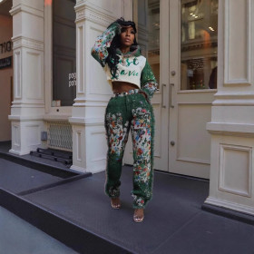 Printed Color-blocked Denim Jacket Jeans Floral Two-piece Set