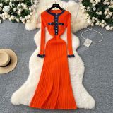 Round Neck Metal Buckle Stretch Tight Hip-pack Sweater Skirt