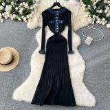 Round Neck Metal Buckle Stretch Tight Hip-pack Sweater Skirt