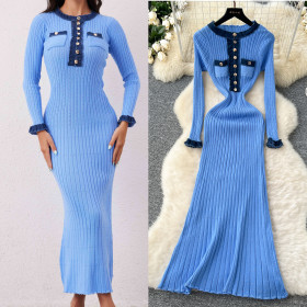Round Neck Metal Buckle Stretch Tight Hip-pack Sweater Skirt