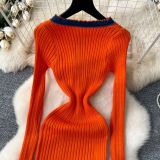 Round Neck Metal Buckle Stretch Tight Hip-pack Sweater Skirt