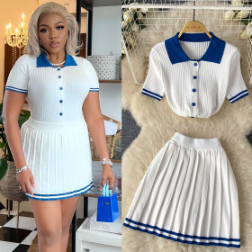 Contrasting Polo Neck Short-sleeved Shirt Top + High Waist Pleated Skirt Two-piece Set