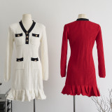 V-neck Knitted Dress Ruffled Skirt