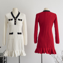 V-neck Knitted Dress Ruffled Skirt