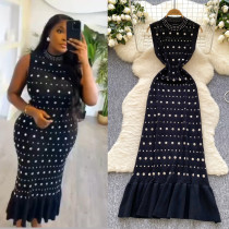 Stand-up Collar Diamond-set Slim Fishtail Long Skirt