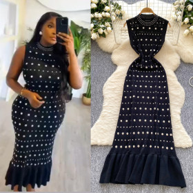 Stand-up Collar Diamond-set Slim Fishtail Long Skirt