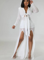 Sexy Solid Color Long-sleeved Slit Two-piece Set