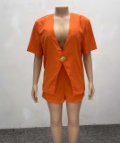 Solid color short sleeves high waist shorts two-piece set