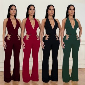Deep V Hollow Metal Buckle Jumpsuit