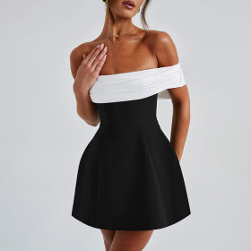 Temperament Slim One-shoulder Contrast Dress