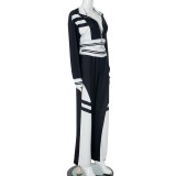 Contrasting Casual Lapel Top Wide-leg Pants Suit Two-piece Set