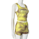 Mesh Butterfly Printed Pleated Suspender Vest Shorts Set