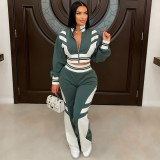 Contrasting Casual Lapel Top Wide-leg Pants Suit Two-piece Set