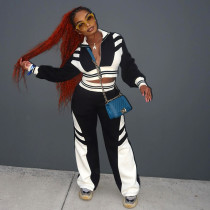 Contrasting Casual Lapel Top Wide-leg Pants Suit Two-piece Set