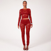 Spliced ​​lace Perspective Long Sleeve Trousers Two-piece Set