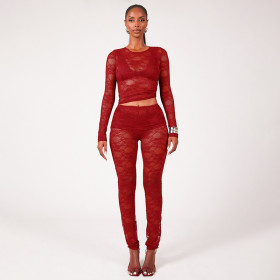 Spliced ​​lace Perspective Long Sleeve Trousers Two-piece Set