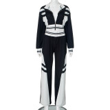 Contrasting Casual Lapel Top Wide-leg Pants Suit Two-piece Set