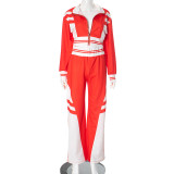 Contrasting Casual Lapel Top Wide-leg Pants Suit Two-piece Set