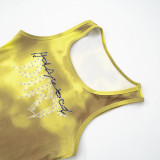 Mesh Butterfly Printed Pleated Suspender Vest Shorts Set