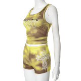Mesh Butterfly Printed Pleated Suspender Vest Shorts Set