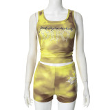 Mesh Butterfly Printed Pleated Suspender Vest Shorts Set