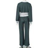 Contrasting Casual Lapel Top Wide-leg Pants Suit Two-piece Set