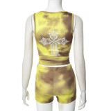 Mesh Butterfly Printed Pleated Suspender Vest Shorts Set