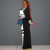 Contrasting Casual Lapel Top Wide-leg Pants Suit Two-piece Set