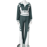 Contrasting Casual Lapel Top Wide-leg Pants Suit Two-piece Set