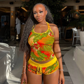 Neck Halter Print Contrast Color Set