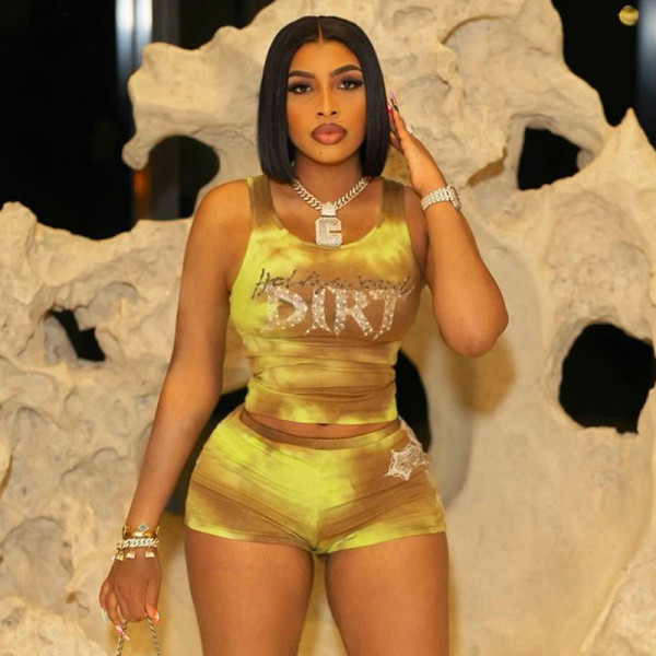 Mesh Butterfly Printed Pleated Suspender Vest Shorts Set