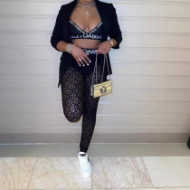 Slings with Navel and Hips Mesh Printed Letters Flocking Nightclub Style Trousers Set
