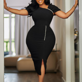 Hip-wrapped Beaded High Waist OL Tongle Pencil Skirt Dress