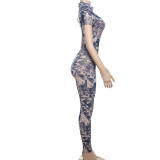 Printed Perspective Mesh Jumpsuit