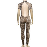 Printed Perspective Mesh Jumpsuit