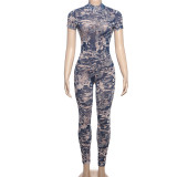 Printed Perspective Mesh Jumpsuit