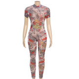 Printed Perspective Mesh Jumpsuit