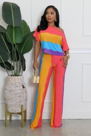 Casual Wide-neck Short-sleeved Trousers Colorful Two-piece Suit