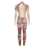 Printed Perspective Mesh Jumpsuit